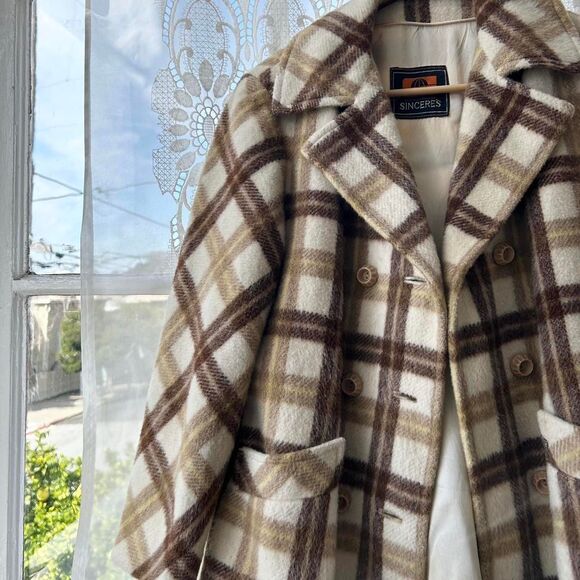 70s Vintage Wool Plaid Belted Winter Coat Small Womens Cream / Tan / Brown - Picture 7 of 8